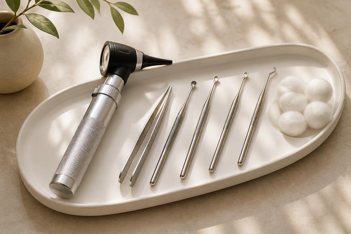 Clean otoscope and ear-care instruments arranged on a pale tray