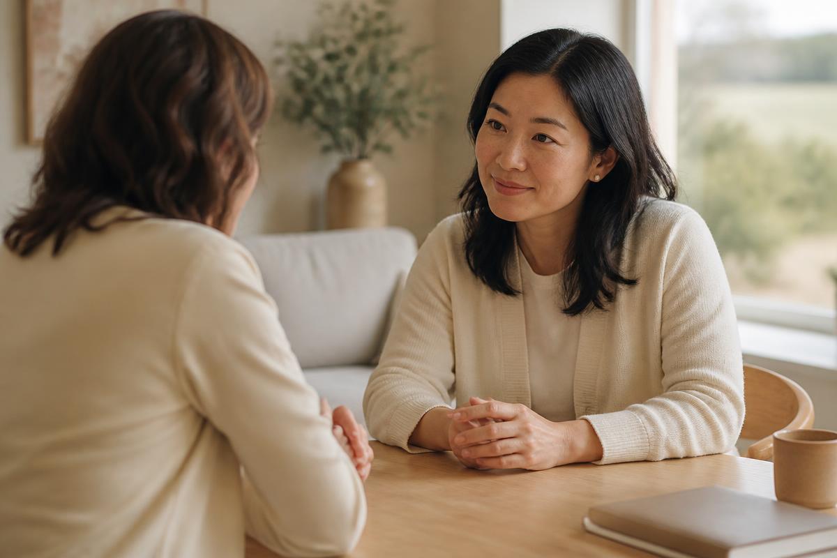 Two adults in warm conversation across a table in a softly lit room