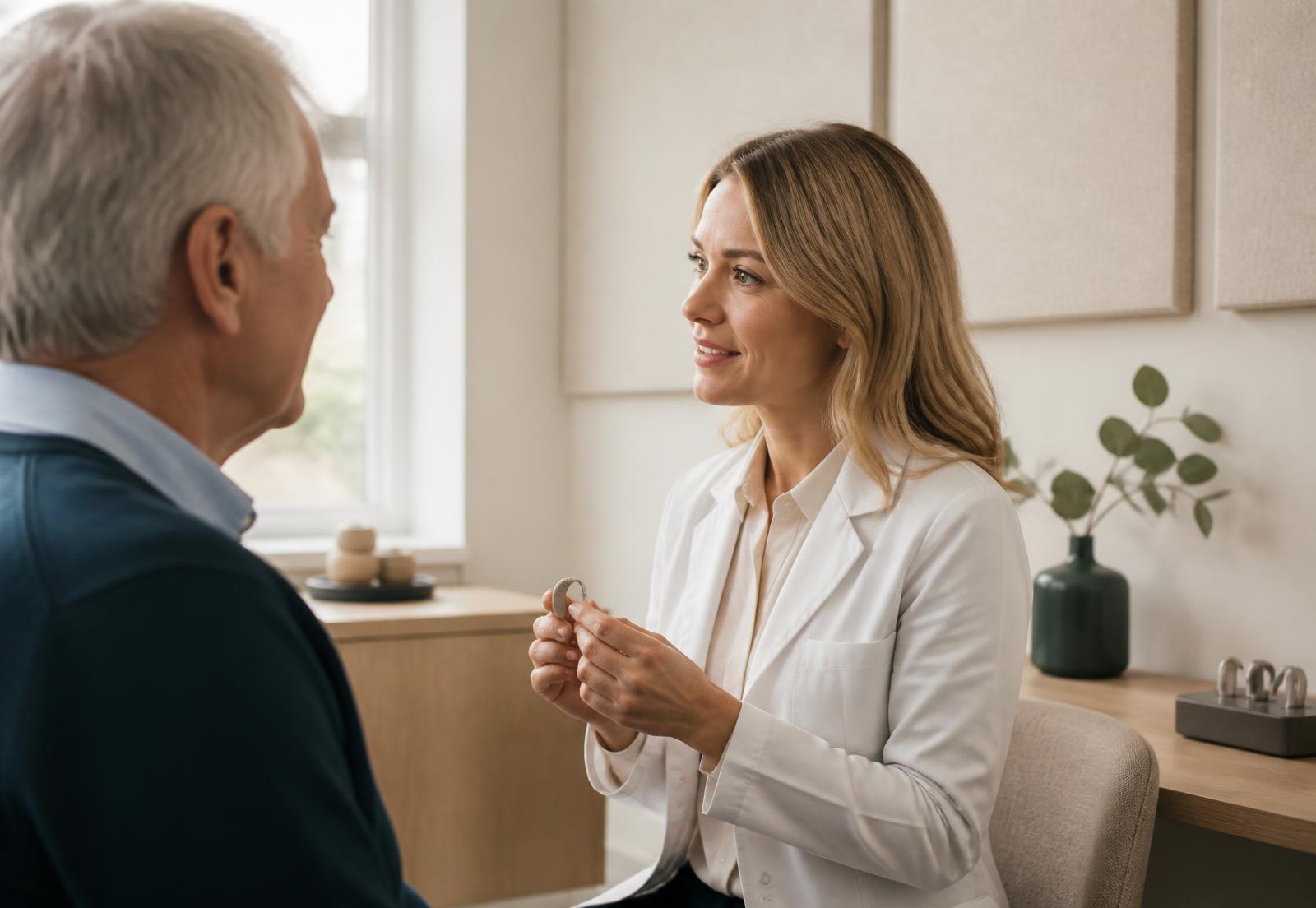 A hearing care professional in consultation with a patient in a warm, softly lit clinic room